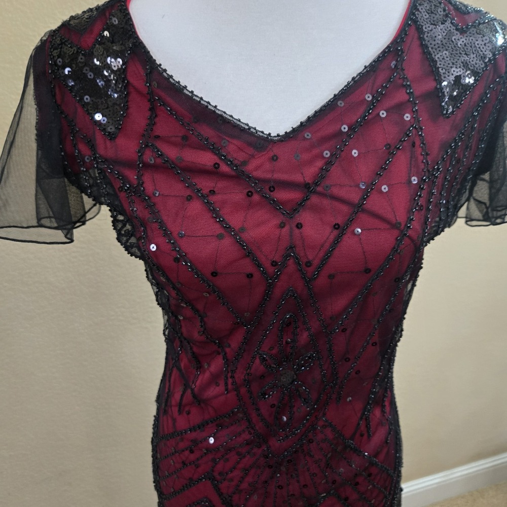 Whimsigoth Dark Fairy Red Black Overlay Beaded Sequin Maxi Dress XL‎ Sheer Vamp
